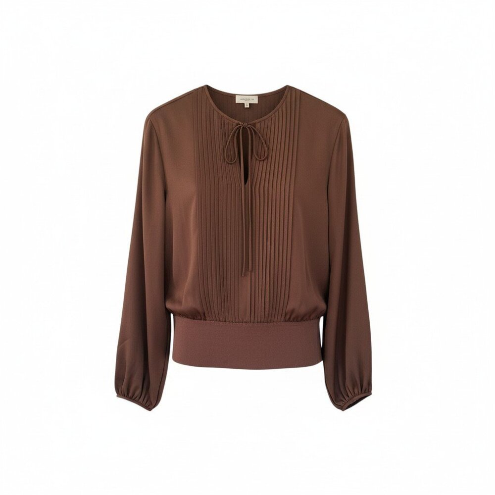 Lafayette 148 New York Pleated Tie-Neck Blouse Wood Brown Size L NWT $698